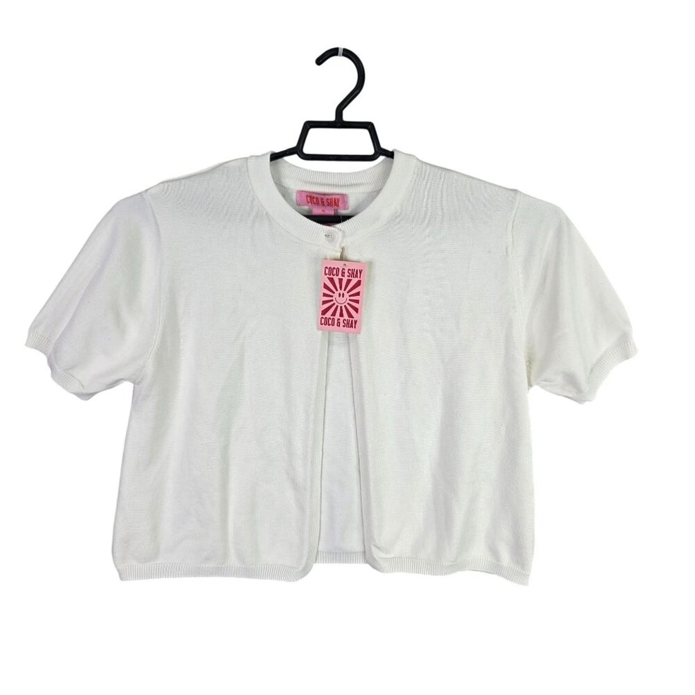 Womens Coco & Shay White Knit Cardigan Sweater Short Sleeve Cotton Polyester XL